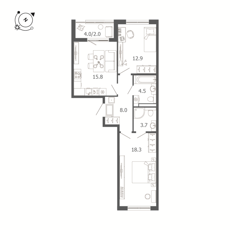 3-комнатная (Евро) квартира, 65.2 м² в ЖК "Пулковский дом" - планировка, фото №1