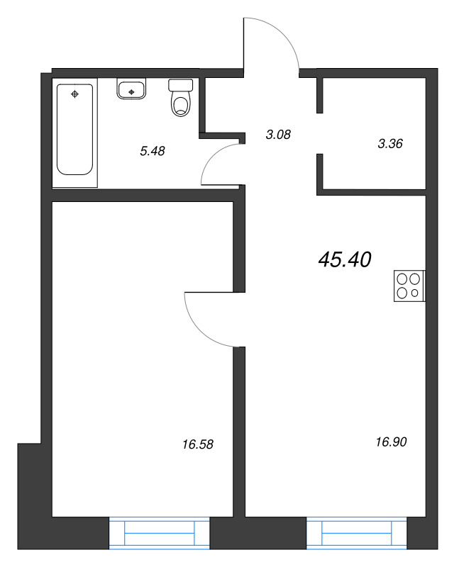 2-комнатная (Евро) квартира, 45.4 м² в ЖК "Alpen" - планировка, фото №1