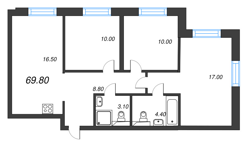 4-комнатная (Евро) квартира, 69.8 м² - планировка, фото №1