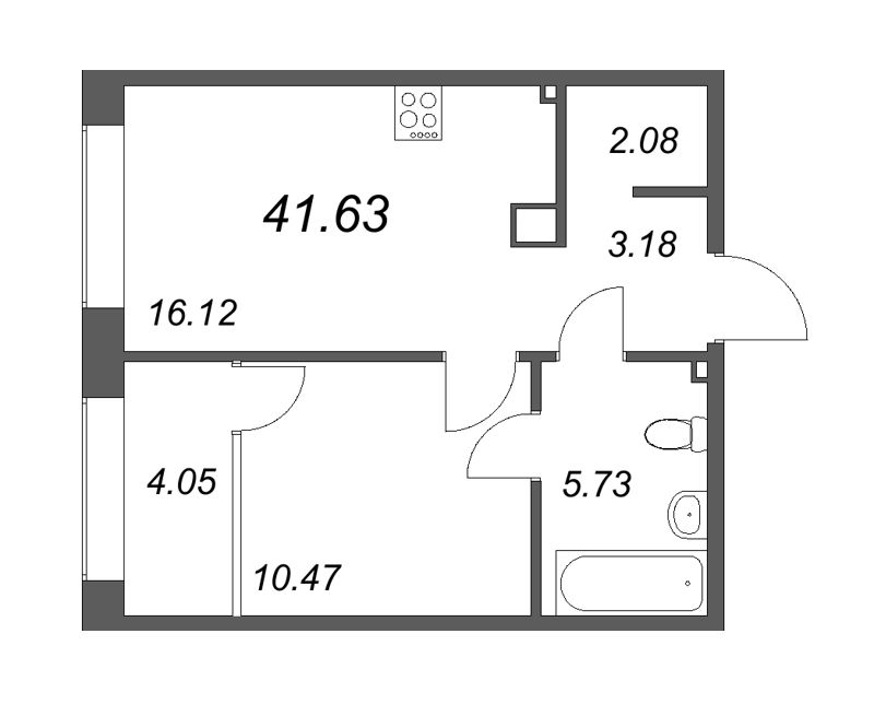 2-комнатная (Евро) квартира, 41.63 м² - планировка, фото №1