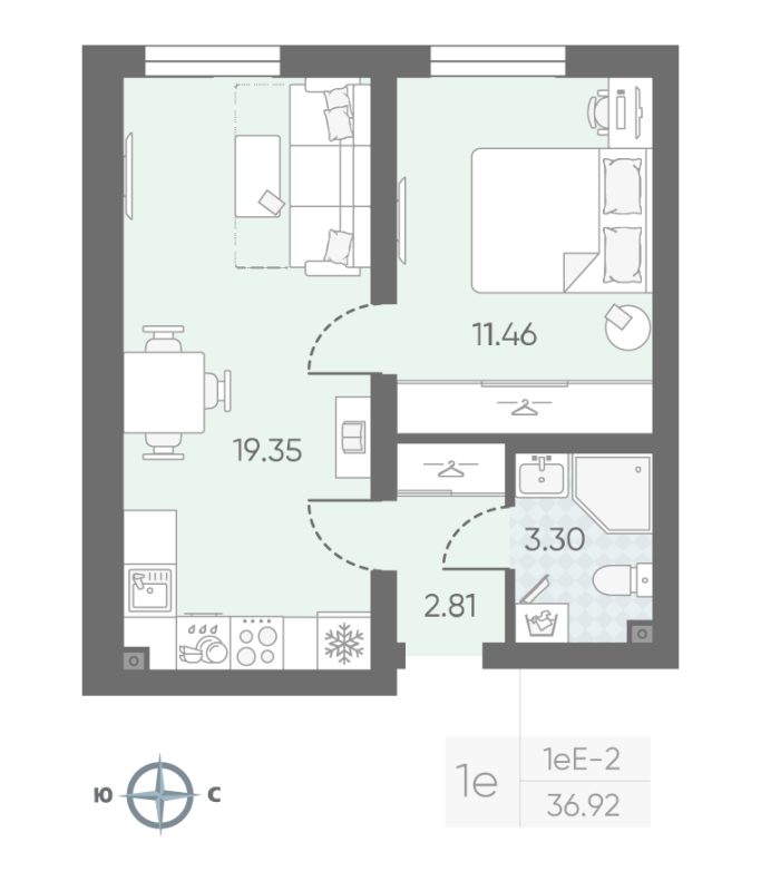 2-комнатная (Евро) квартира, 37.08 м² в ЖК "Морская миля" - планировка, фото №1