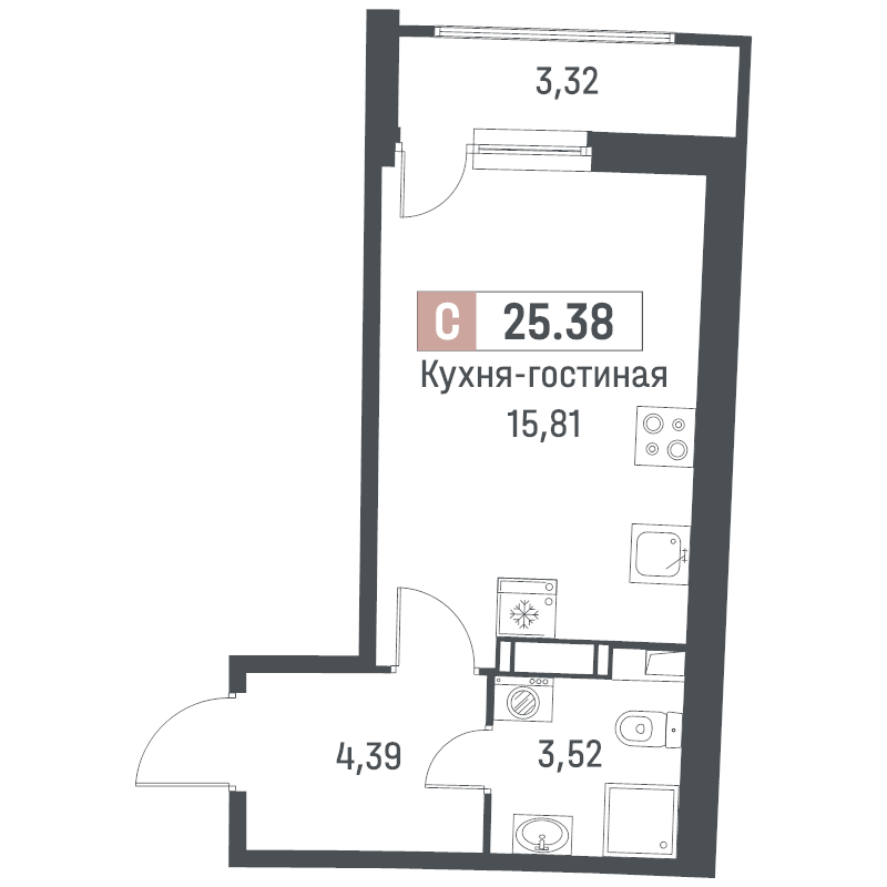 Квартира-студия, 25.38 м² в ЖК "Авиатор" - планировка, фото №1