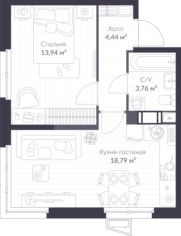 2-комнатная (Евро) квартира, 40.93 м² - планировка, фото №1