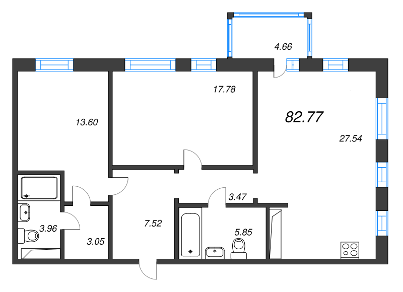 3-комнатная (Евро) квартира, 82.77 м² в ЖК "Черная речка, 41" - планировка, фото №1