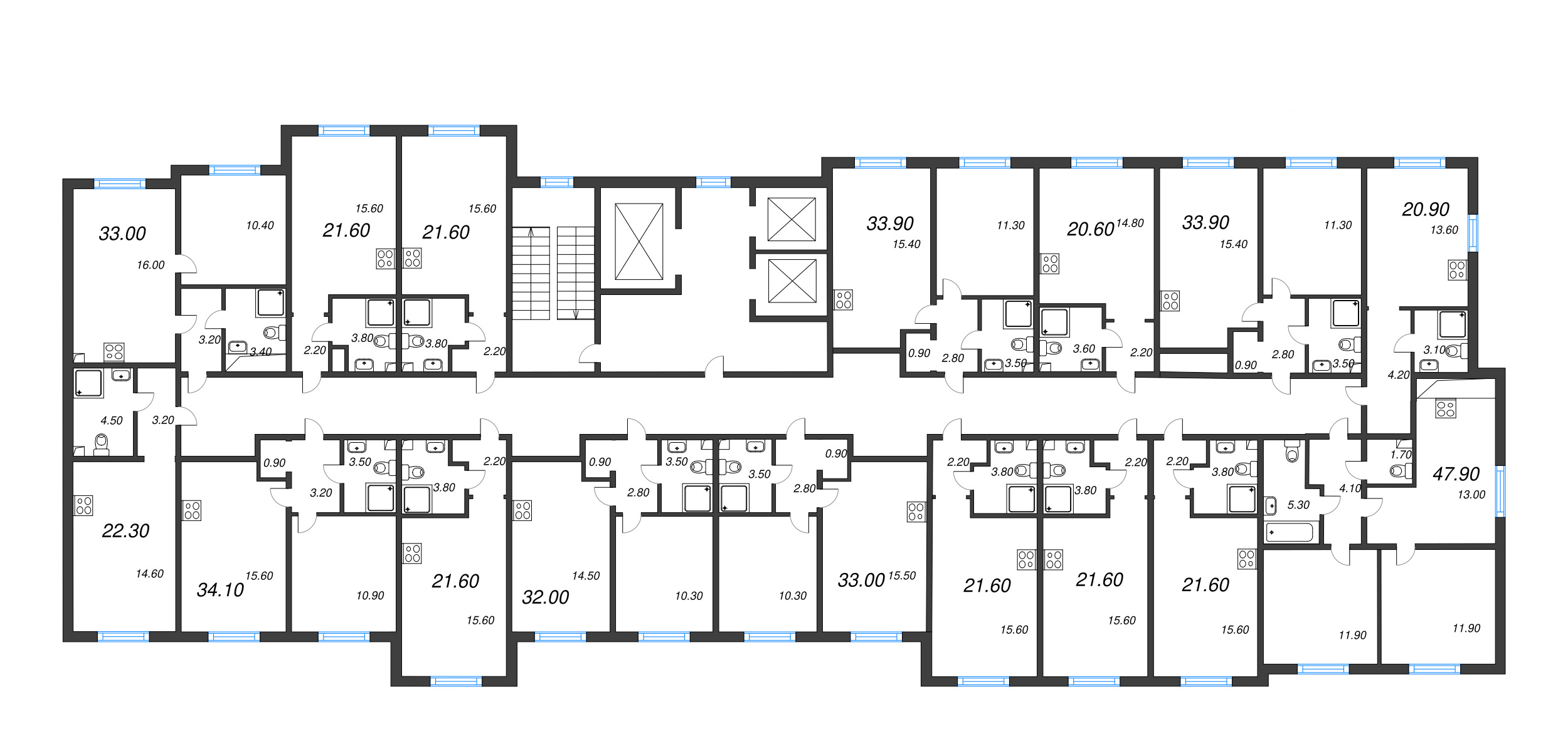 2-комнатная (Евро) квартира, 33 м² в ЖК "Дыбенко Парк" - планировка этажа
