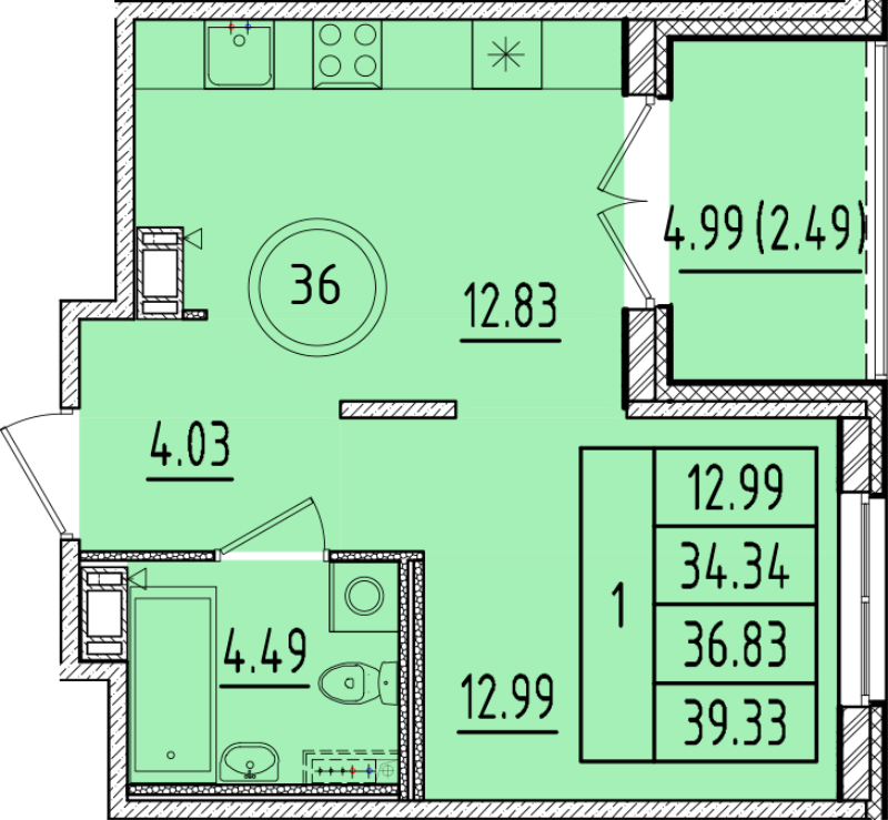 1-комнатная квартира, 34.34 м² в ЖК "Образцовый квартал 17" - планировка, фото №1