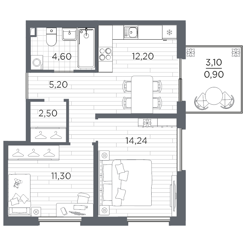2-комнатная квартира, 50.97 м² в ЖК "PLUS Пулковский" - планировка, фото №1
