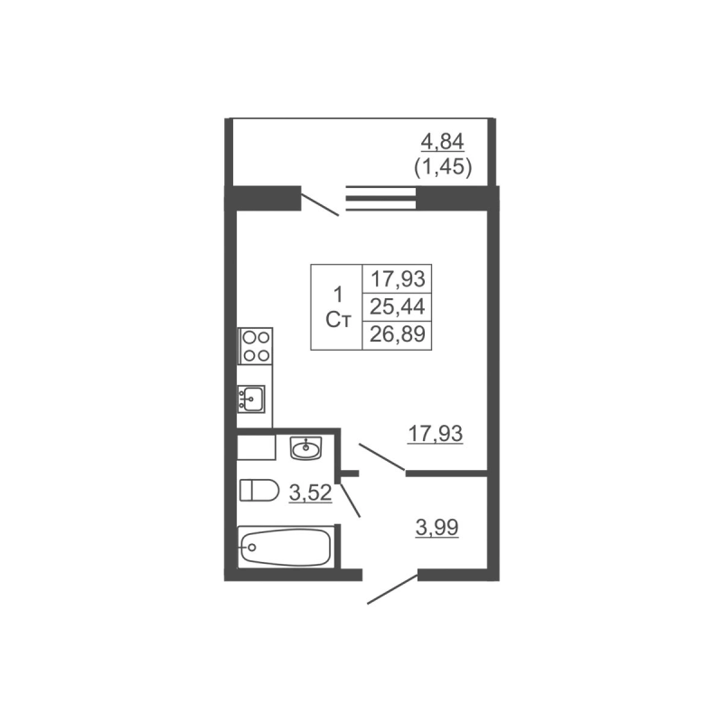 Квартира-студия, 26.89 м² в ЖК "Тандем" - планировка, фото №1