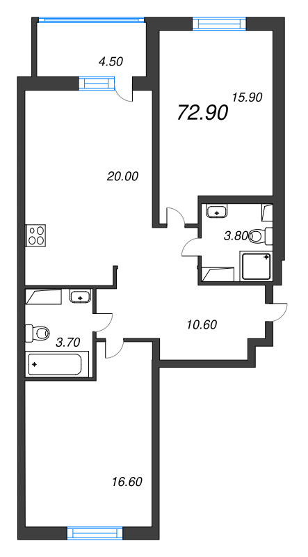 3-комнатная (Евро) квартира, 73.1 м² в ЖК "LOVO" - планировка, фото №1