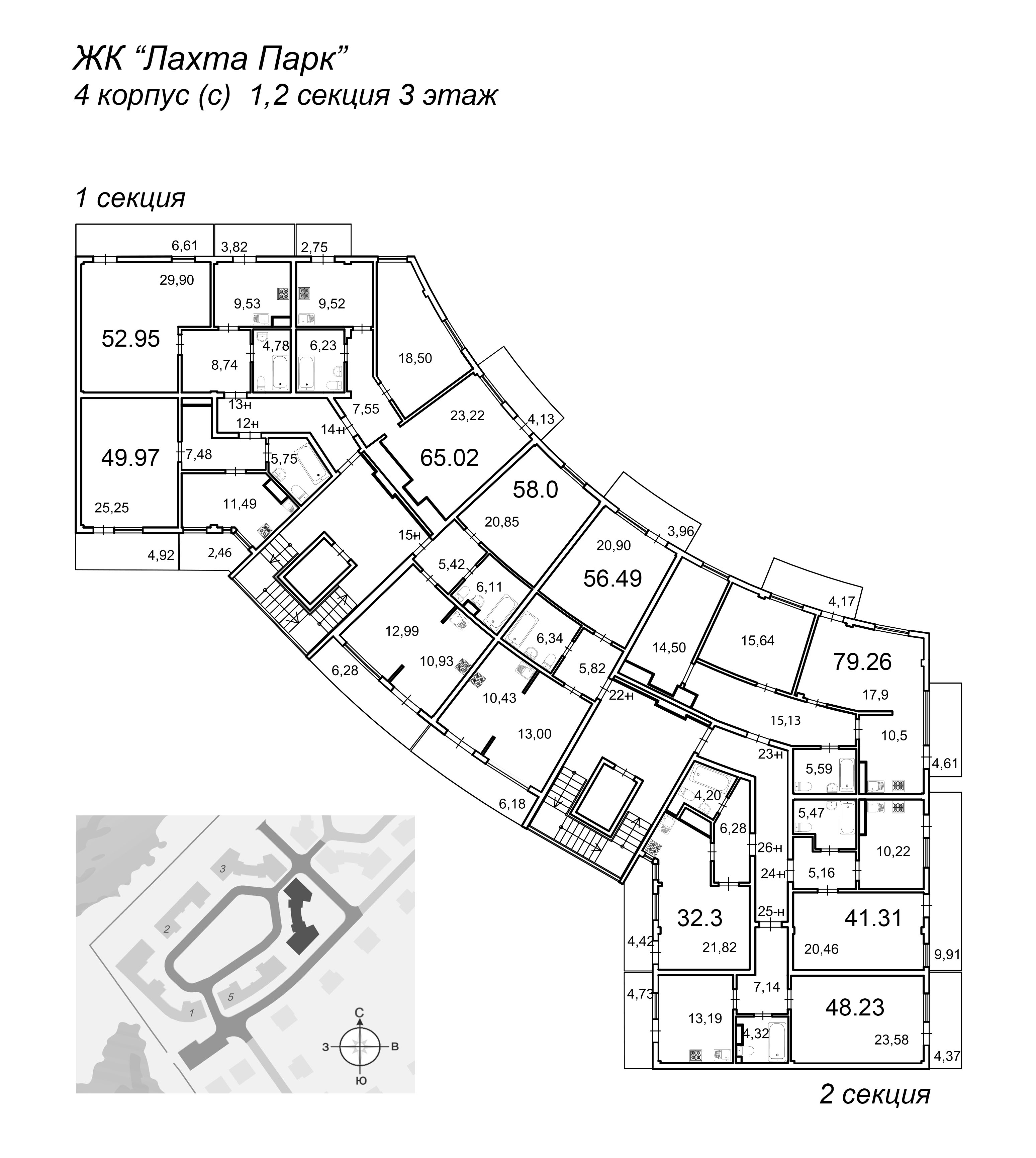 1-комнатная квартира, 52.2 м² в ЖК "Лахта Парк" - планировка этажа