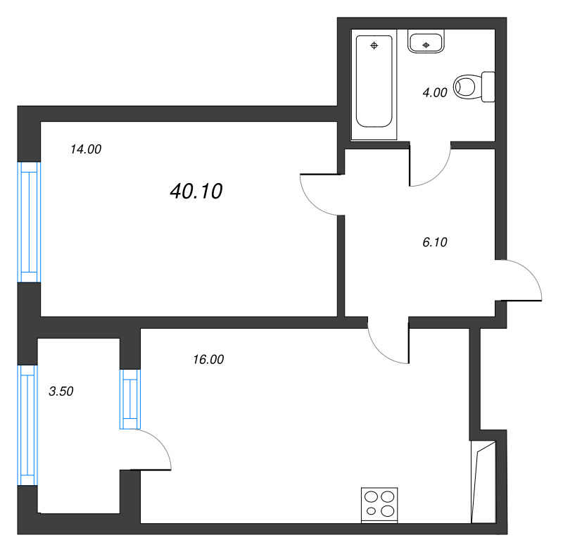 2-комнатная (Евро) квартира, 40.1 м² в ЖК "Дубровский" - планировка, фото №1