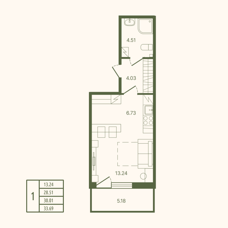 Квартира-студия, 30.01 м² в ЖК "Рауни" - планировка, фото №1