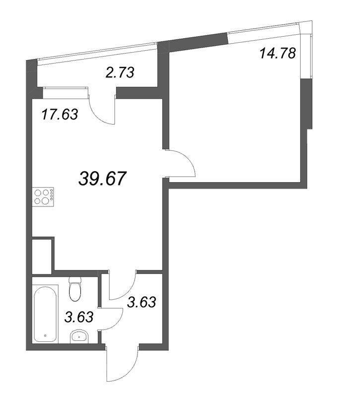 2-комнатная (Евро) квартира, 39.67 м² - планировка, фото №1