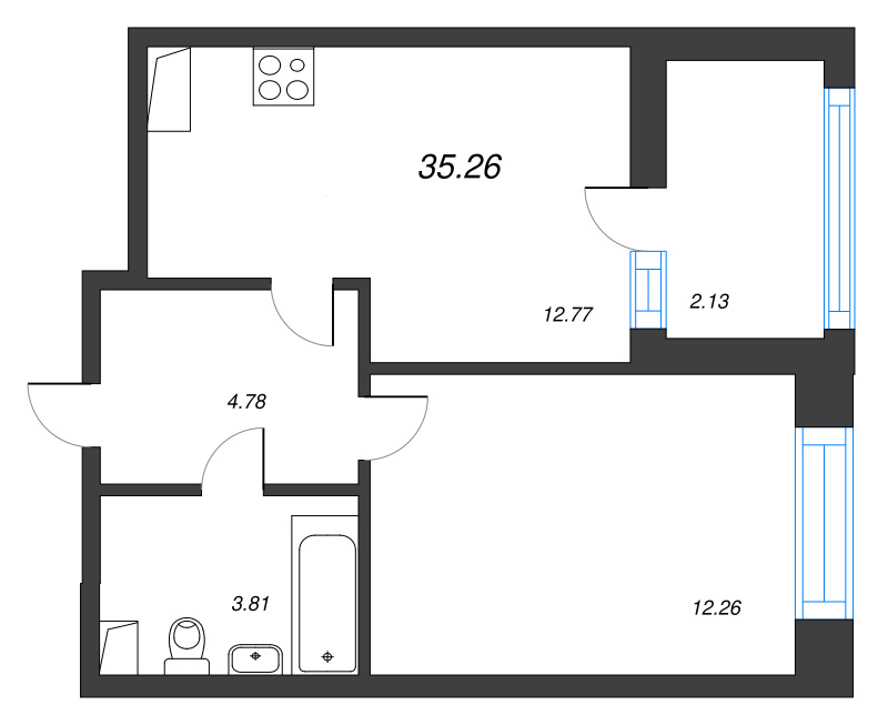 2-комнатная (Евро) квартира, 35.75 м² - планировка, фото №1