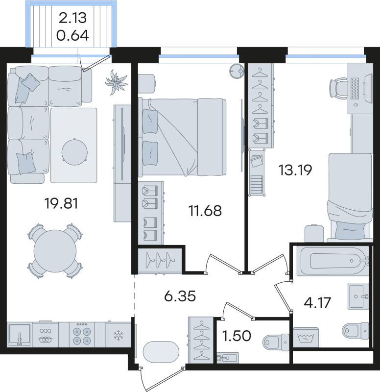 3-комнатная (Евро) квартира, 57.34 м² в ЖК "Романовка" - планировка, фото №1