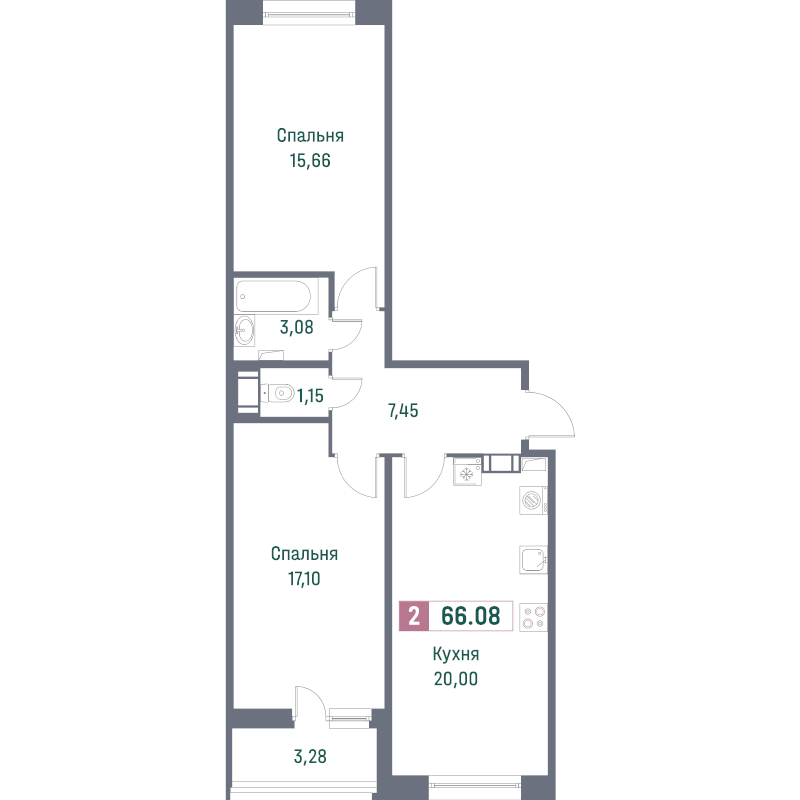 3-комнатная (Евро) квартира, 66.08 м² - планировка, фото №1