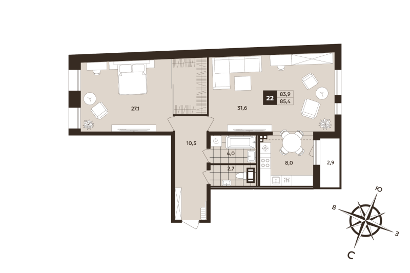 2-комнатная (Евро) квартира, 83.9 м² в ЖК "Дом на Бронницкой" - планировка, фото №1