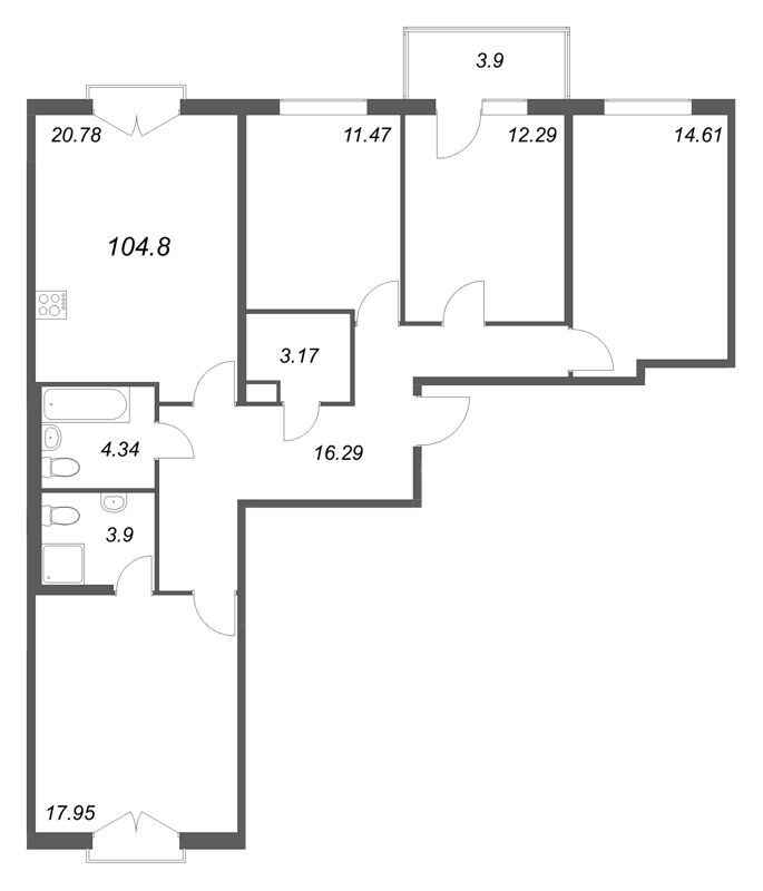 5-комнатная (Евро) квартира, 104.8 м² - планировка, фото №1