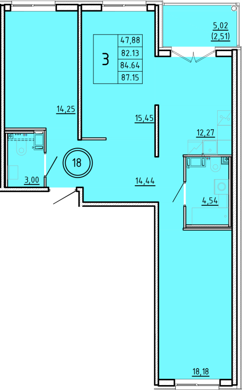 3-комнатная квартира, 82.13 м² - планировка, фото №1