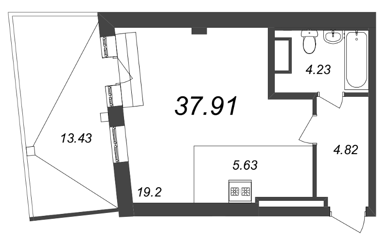 Квартира-студия, 37.91 м² - планировка, фото №1