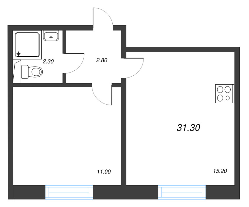 2-комнатная (Евро) квартира, 31.3 м² в ЖК "ЛСР. Ржевский парк" - планировка, фото №1