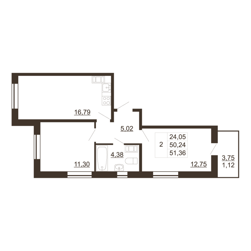 3-комнатная (Евро) квартира, 51.36 м² в ЖК "Перспектива" - планировка, фото №1