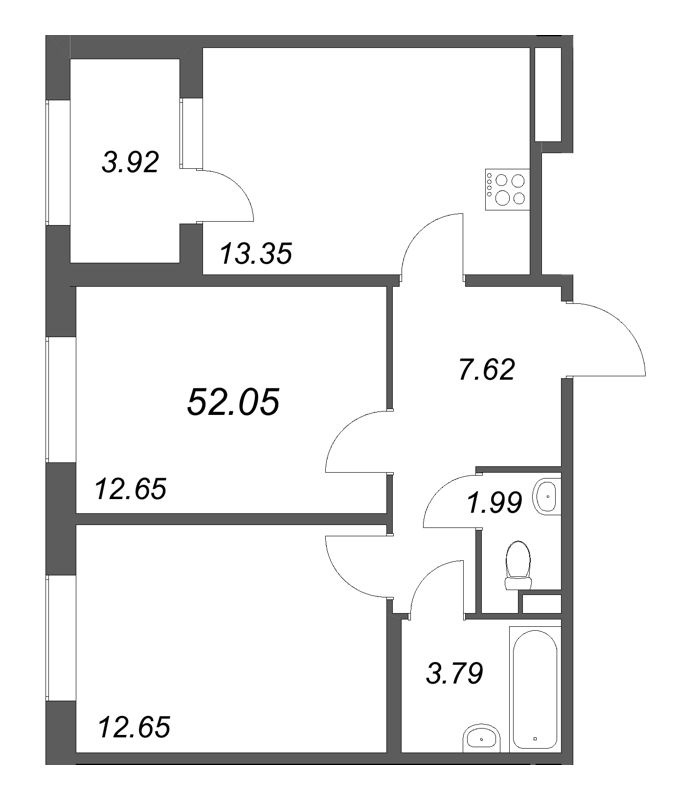 2-комнатная квартира, 52.05 м² в ЖК "Дубровский" - планировка, фото №1