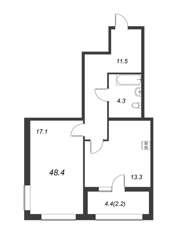 1-комнатная квартира, 48.3 м² - планировка, фото №1