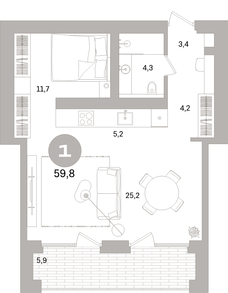 2-комнатная (Евро) квартира, 59.8 м² в ЖК "Северный ветер" - планировка, фото №1