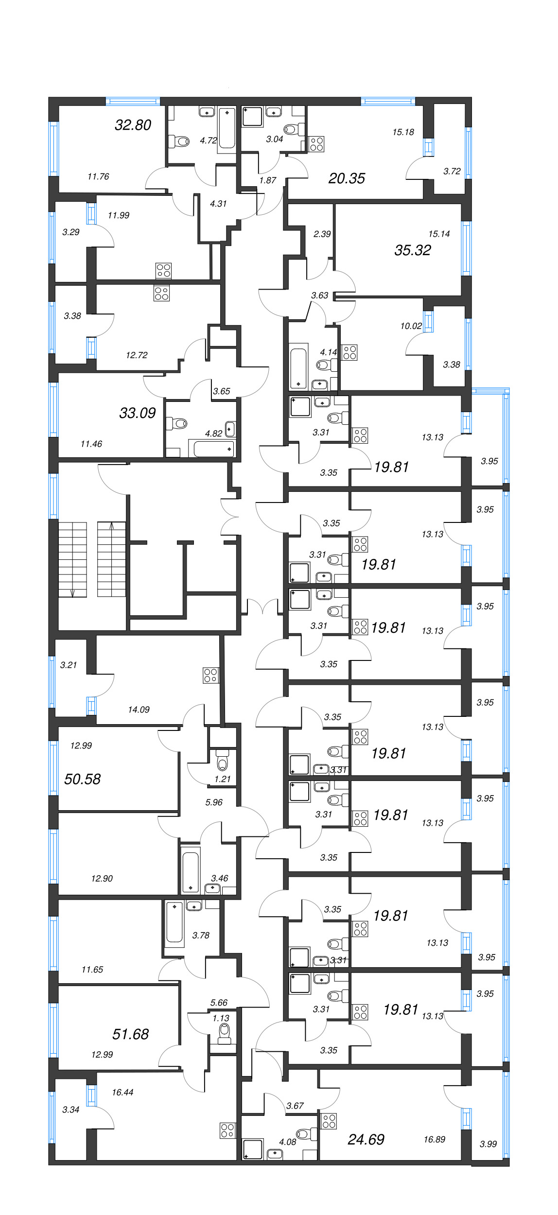 3-комнатная (Евро) квартира, 51.68 м² - планировка этажа