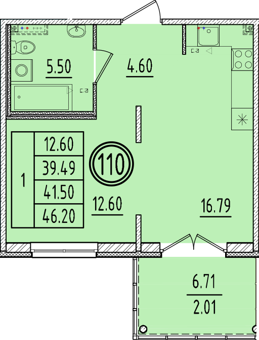 2-комнатная (Евро) квартира, 39.49 м² в ЖК "Образцовый квартал 6.4" - планировка, фото №1