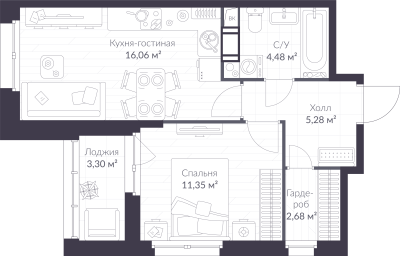 2-комнатная (Евро) квартира, 41.5 м² в ЖК "VEREN NORT сертолово" - планировка, фото №1