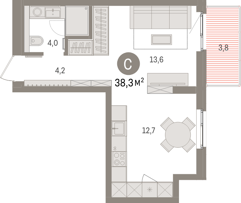 Квартира-студия, 38.3 м² в ЖК "Брусника в Новоселье" - планировка, фото №1