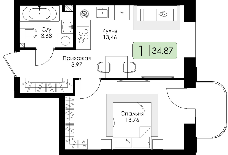 1-комнатная квартира, 34.87 м² в ЖК "Всевгород" - планировка, фото №1