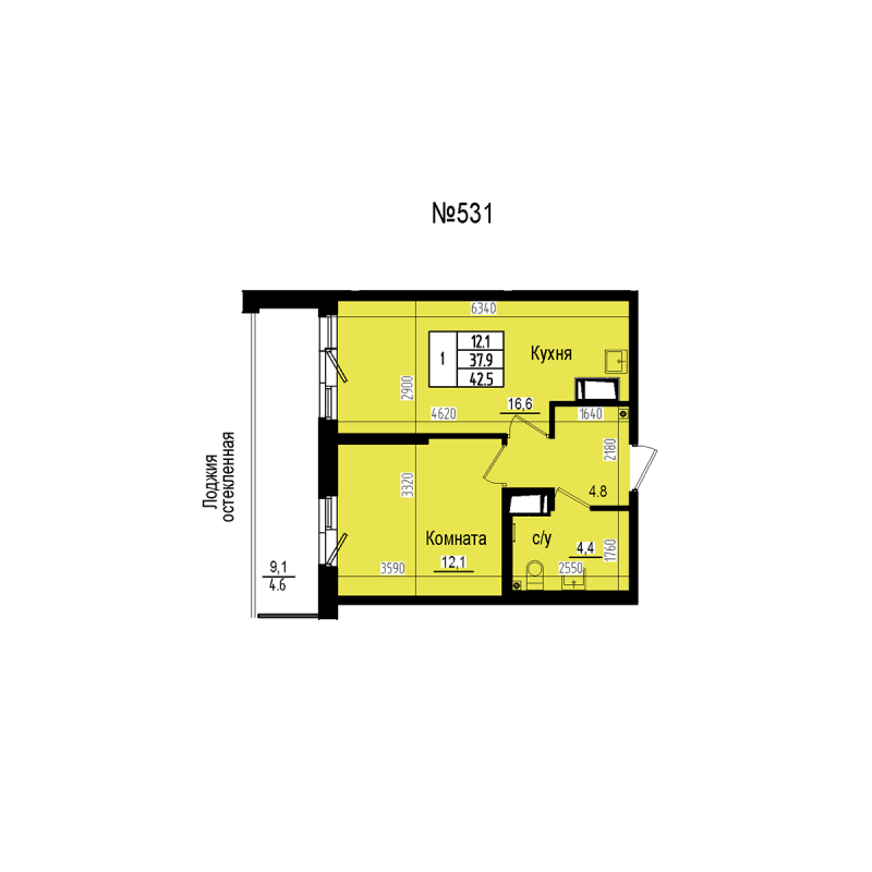 2-комнатная (Евро) квартира, 42.5 м² в ЖК "ПРАГМА СИТИ" - планировка, фото №1