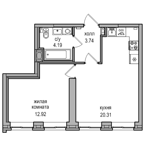 2-комнатная (Евро) квартира, 40.9 м² в ЖК "Северная Долина" - планировка, фото №1