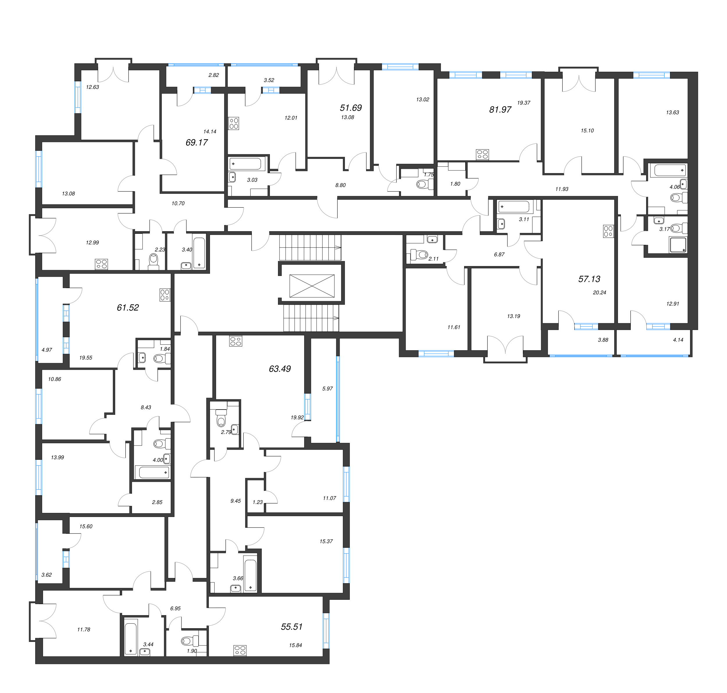 4-комнатная (Евро) квартира, 81.97 м² - планировка этажа