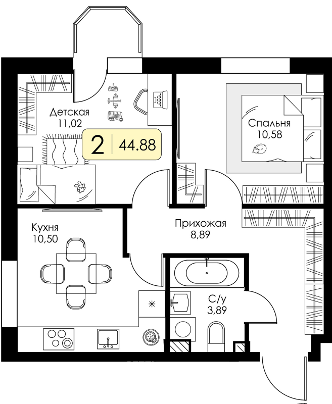 2-комнатная квартира, 44.88 м² в ЖК "Всевгород" - планировка, фото №1