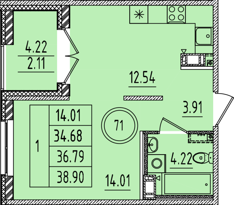 1-комнатная квартира, 34.68 м² в ЖК "Образцовый квартал 14" - планировка, фото №1