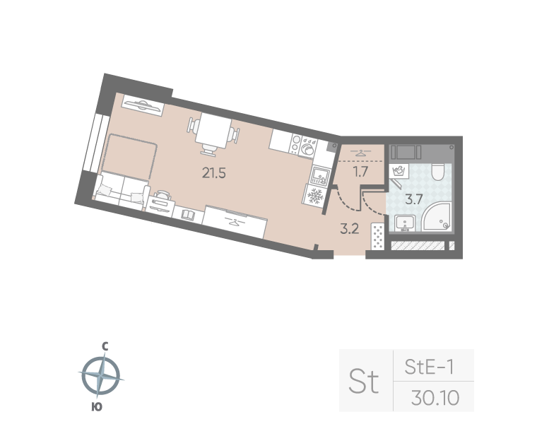 Квартира-студия, 30.1 м² в ЖК "Большая Охта" - планировка, фото №1