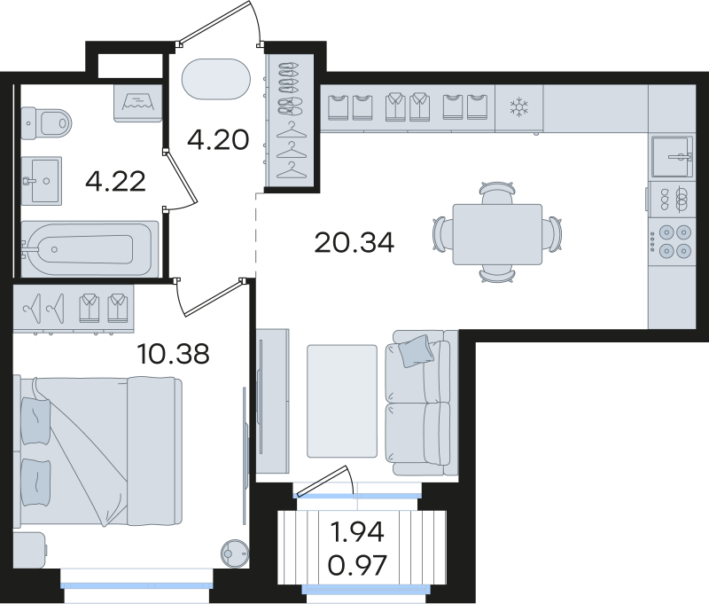 2-комнатная (Евро) квартира, 40.11 м² в ЖК "Романовка" - планировка, фото №1