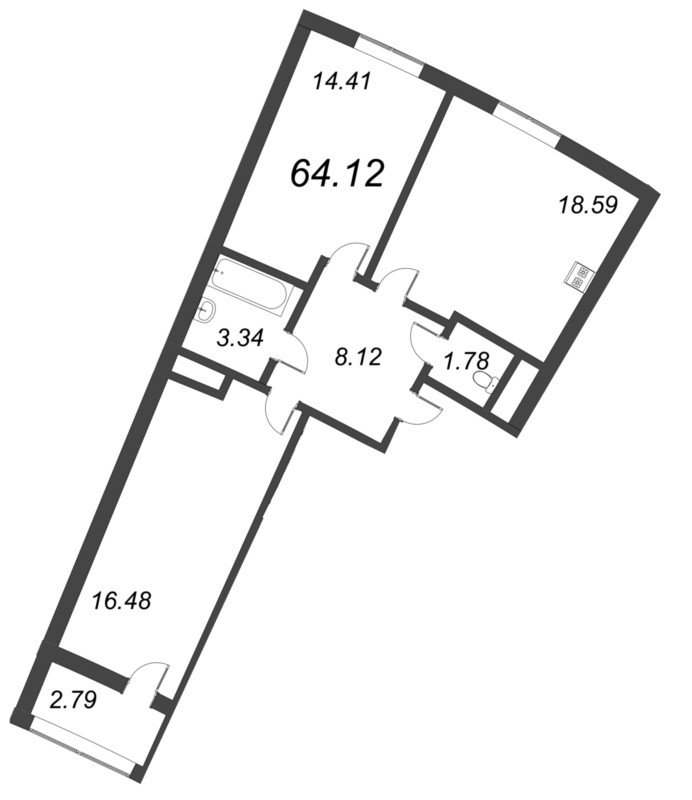 2-комнатная (Евро) квартира, 64.12 м² - планировка, фото №1