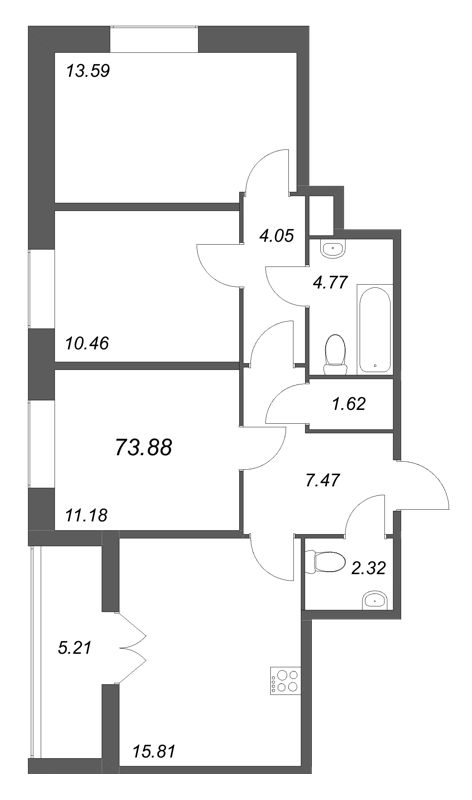 3-комнатная квартира, 73.88 м² в ЖК "Рождественский квартал" - планировка, фото №1