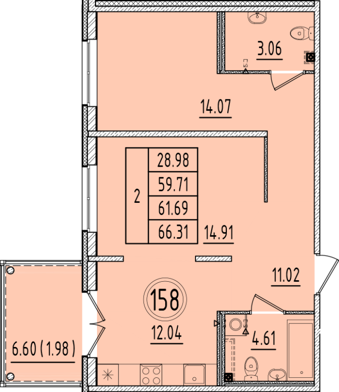 2-комнатная квартира, 59.71 м² в ЖК "Образцовый квартал 6.4" - планировка, фото №1