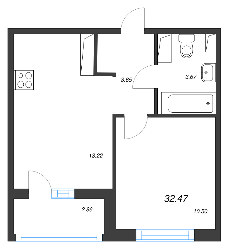 2-комнатная (Евро) квартира, 32.47 м² в ЖК "Кронунг Янино" - планировка, фото №1