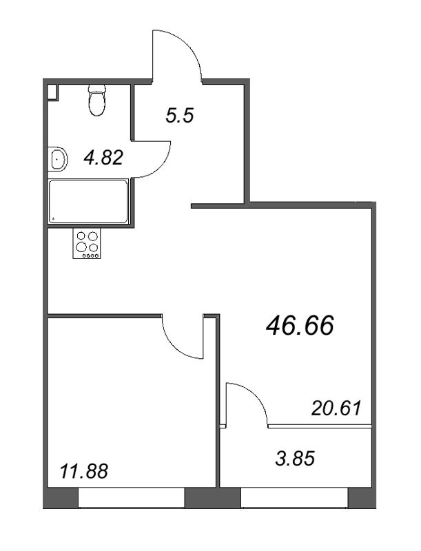 2-комнатная (Евро) квартира, 49.08 м² в ЖК "17/33 Петровский остров" - планировка, фото №1