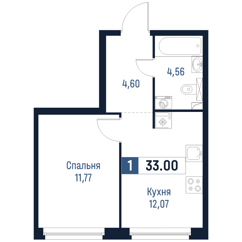 1-комнатная квартира, 33 м² в ЖК "Максималист" - планировка, фото №1