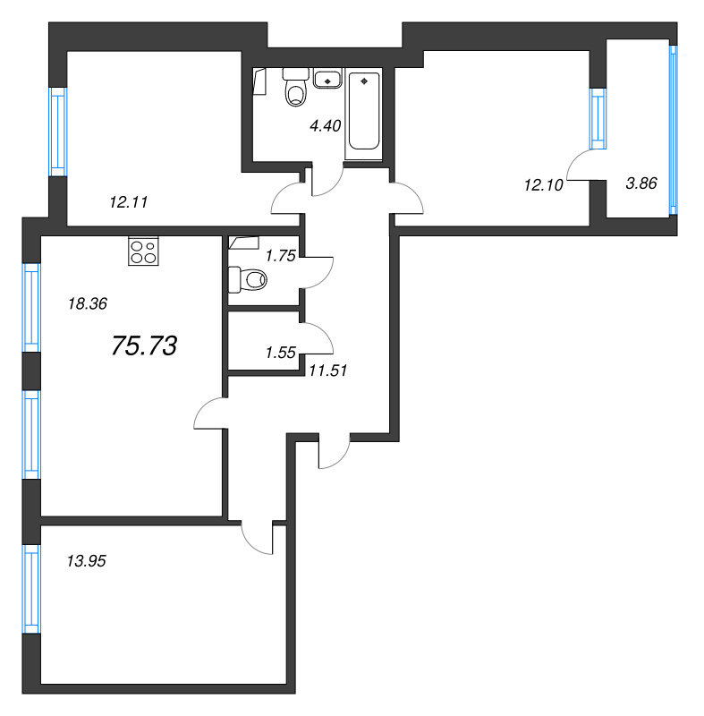4-комнатная (Евро) квартира, 75.73 м² в ЖК "Любоград" - планировка, фото №1