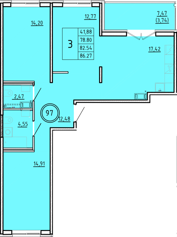4-комнатная (Евро) квартира, 78.8 м² в ЖК "Образцовый квартал 16" - планировка, фото №1