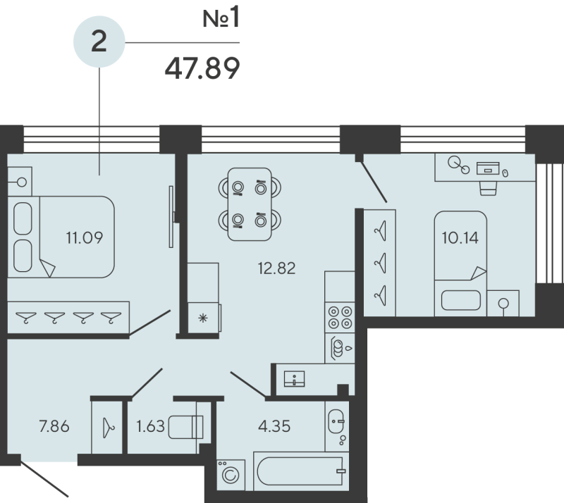 2-комнатная квартира, 47.89 м² в ЖК "Башни Элемент" - планировка, фото №1